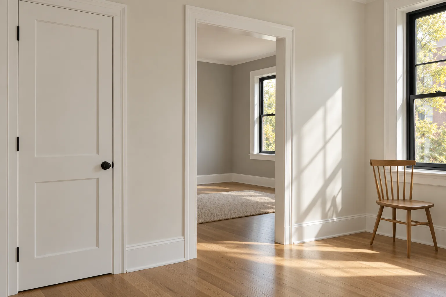 Warm off-white painted walls, crisp white door trim and oak flooring in a sunlit interior
